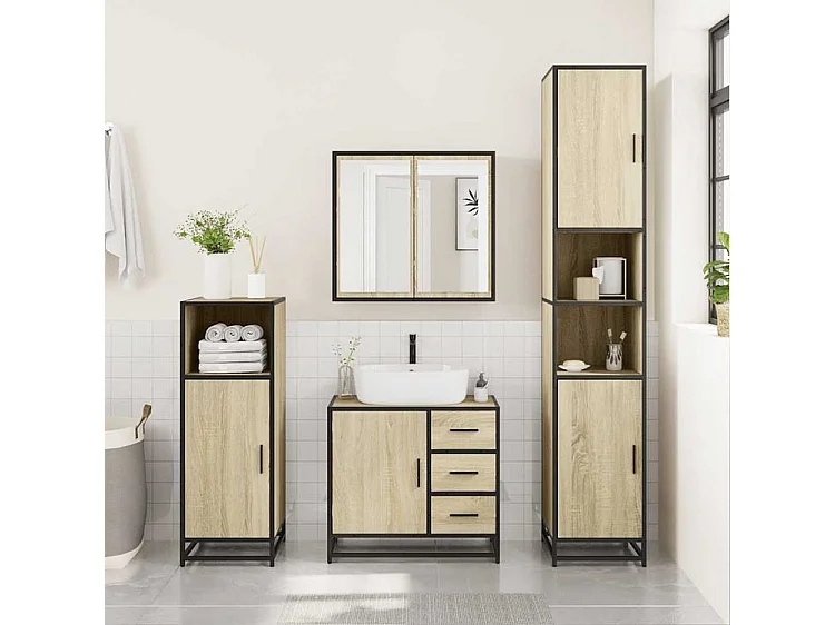 Armoire lavabo de salle de bain chêne sonoma bois d'ingénierie