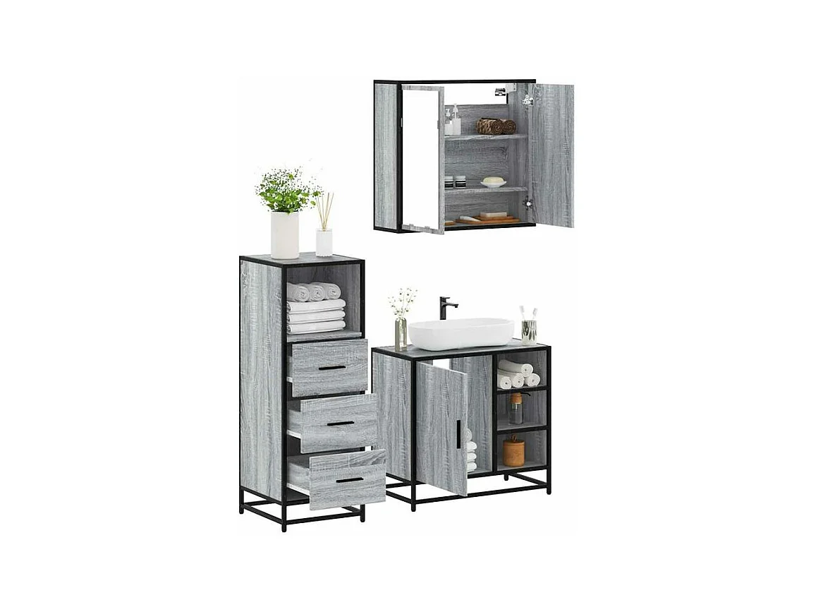 Ensemble de meubles de salle de bain 3 pcs Sonoma gris