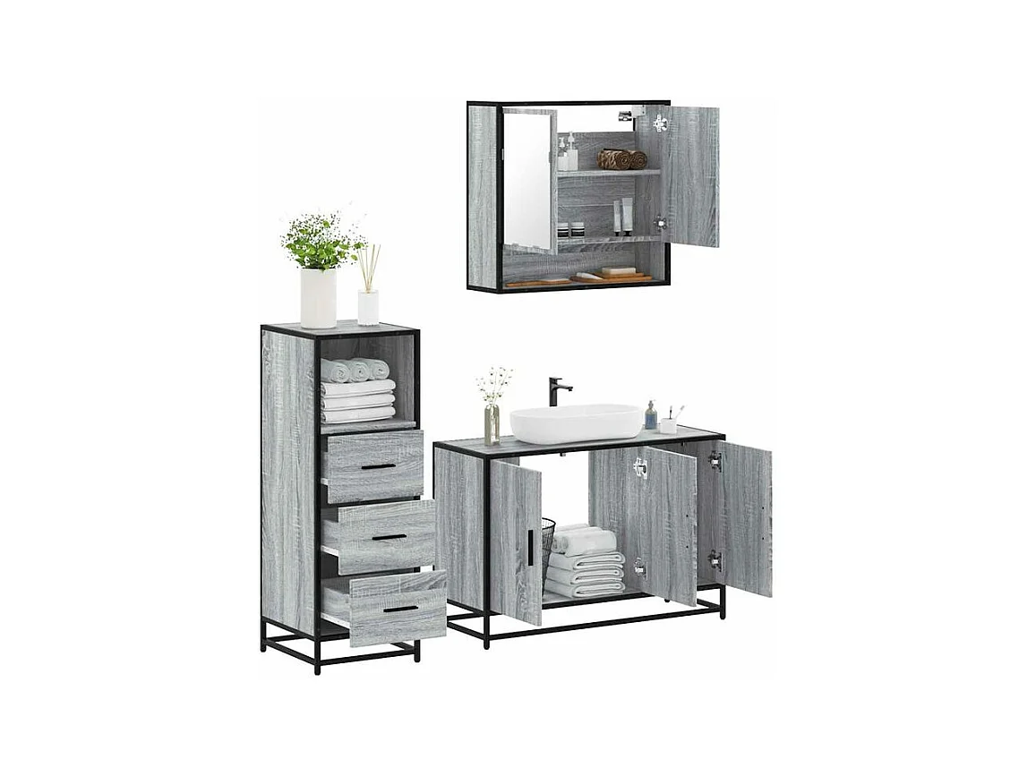 Ensemble de meubles de salle de bain 3 pcs Sonoma gris
