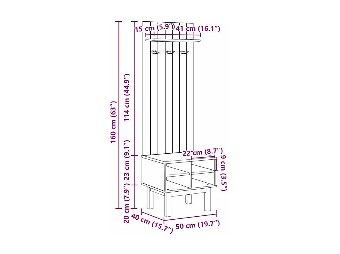 Meuble d'entrée OTTA 50x40x160 bois massif de pin