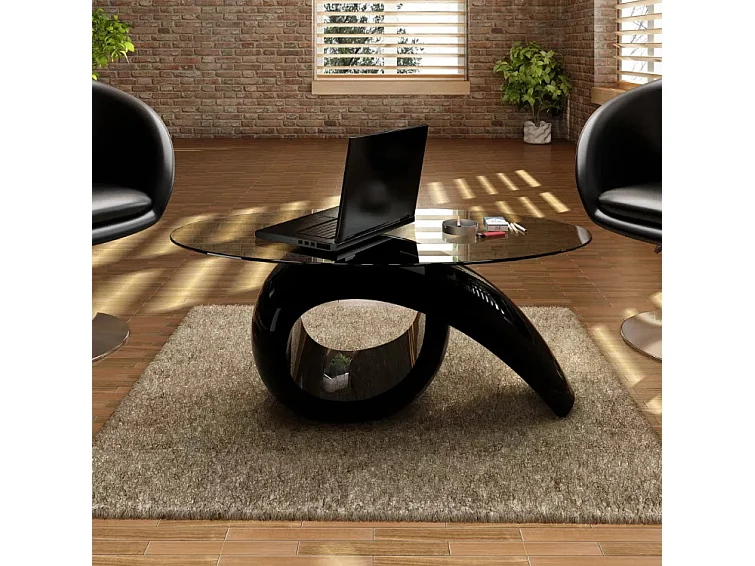 Table basse ovale verre trempé et fibre de verre noir brillant Drive