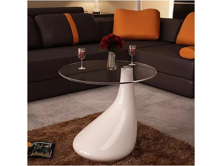 Table basse ronde verre trempé et fibre de verre blanc brillant Ben