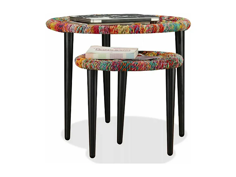 Table basse ronde tissu chindi et métal noir Missa - Lot de 2