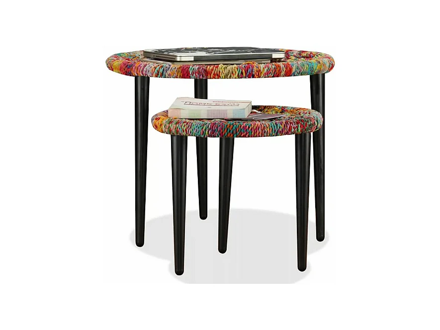 Table basse ronde tissu chindi et métal noir Missa - Lot de 2