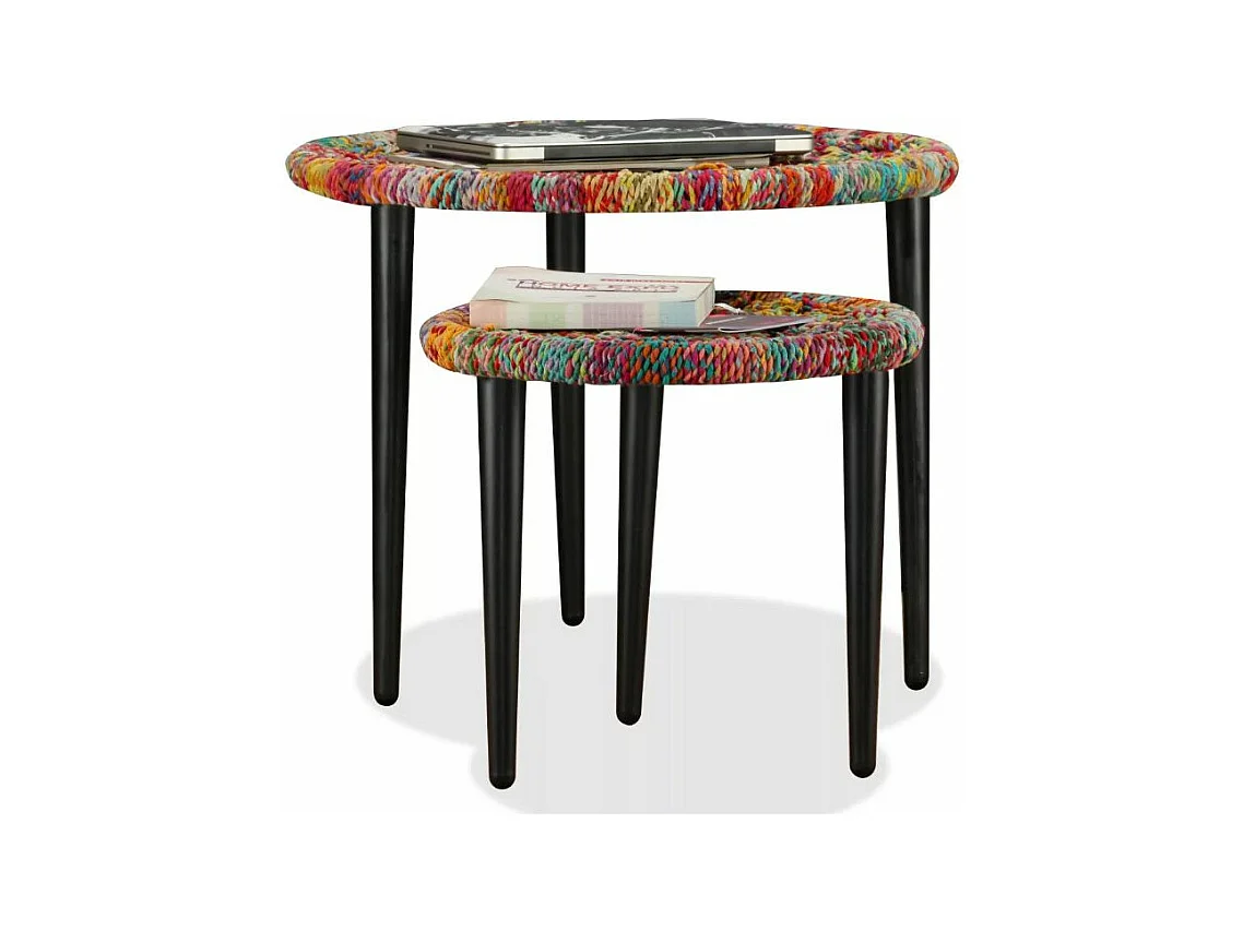 Table basse ronde tissu chindi et métal noir Missa - Lot de 2