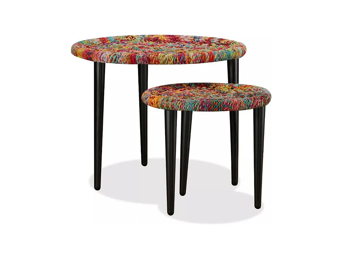Table basse ronde tissu chindi et métal noir Missa - Lot de 2