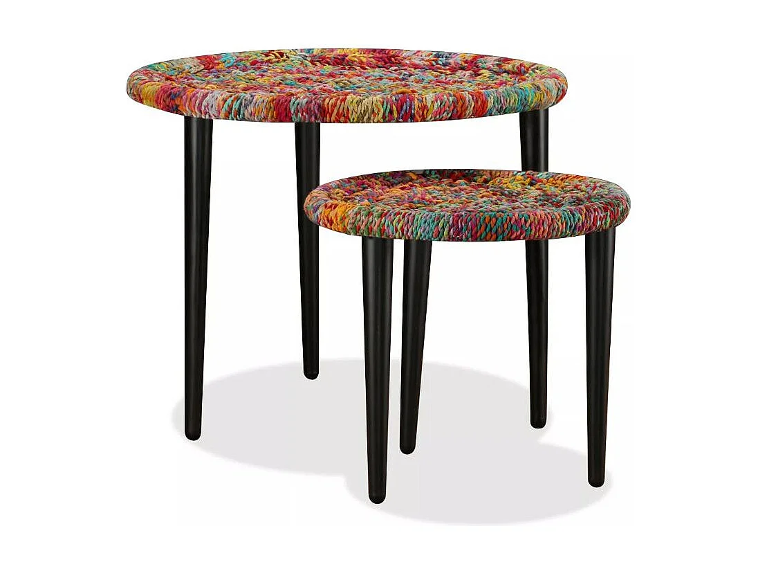 Table basse ronde tissu chindi et métal noir Missa - Lot de 2