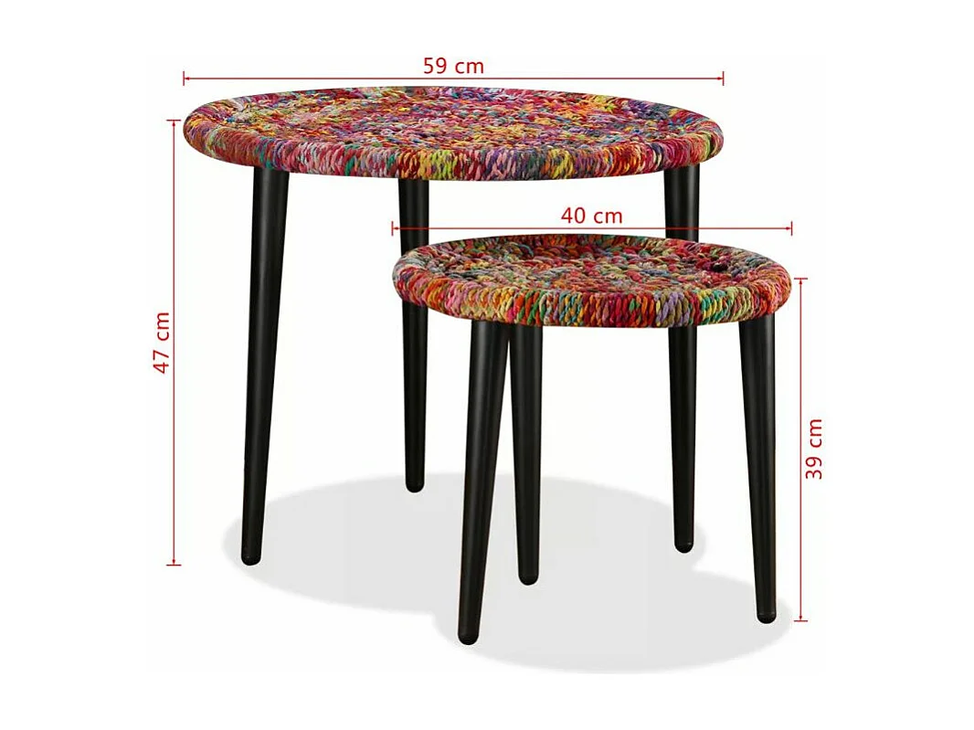 Table basse ronde tissu chindi et métal noir Missa - Lot de 2
