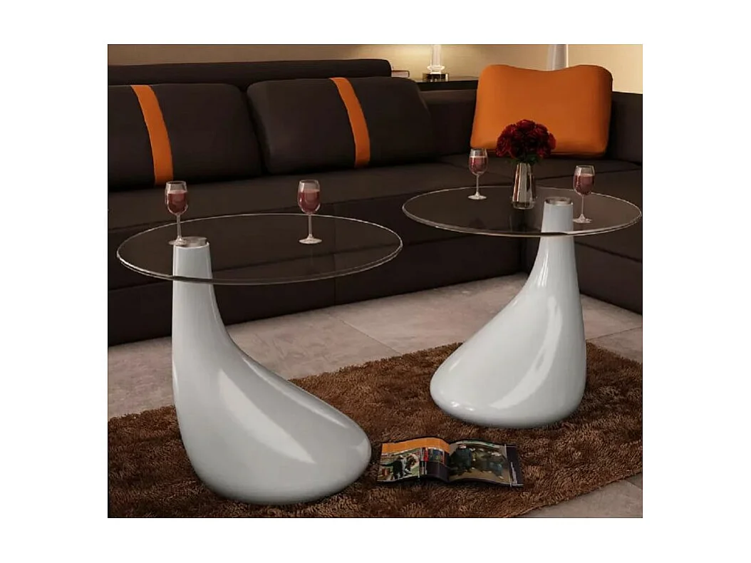 Table basse ronde verre trempé et fibre de verre blanc brillant Ben - Lot de 2
