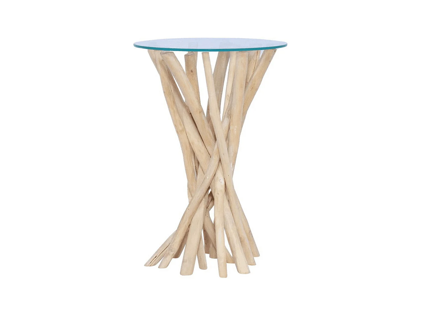 Table d'appoint ronde verre et pieds teck massif clair Nieng