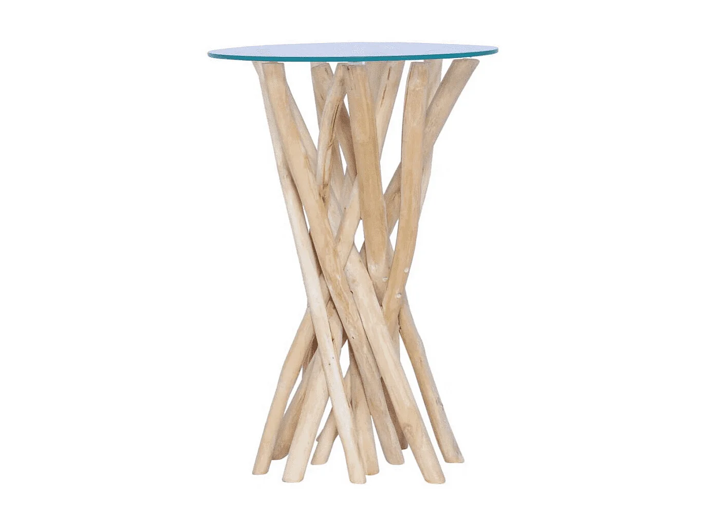 Table d'appoint ronde verre et pieds teck massif clair Nieng