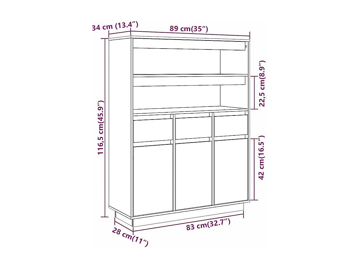 Buffet haut en bois de pin massif blanc - Polyvalent et sobre