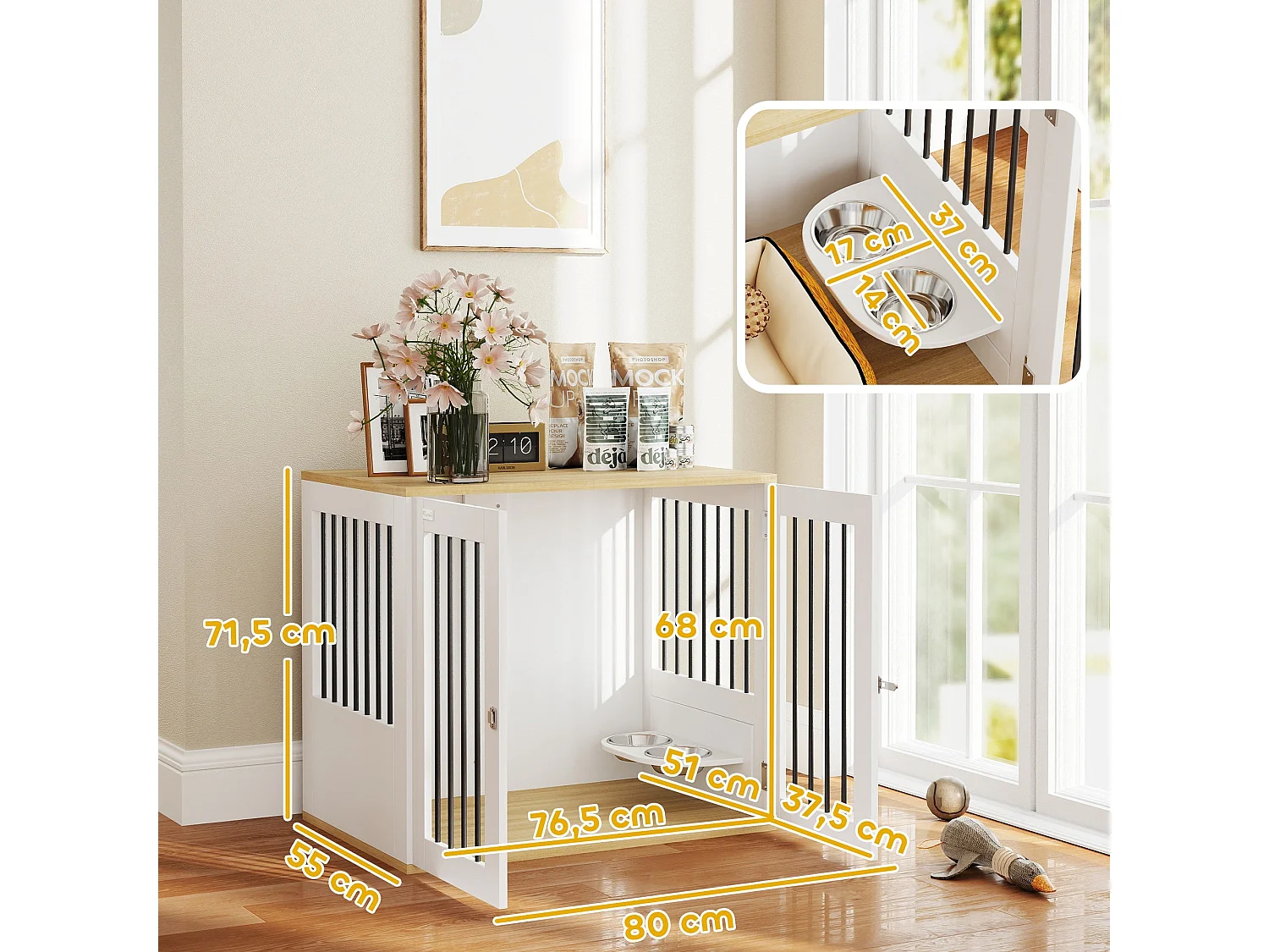 PawHut Gaiola para Cães Médios com Mesa Auxiliar e Comedouro Giratório 2 Tigelas Antiderrapantes 80x55x71,5 cm Branco