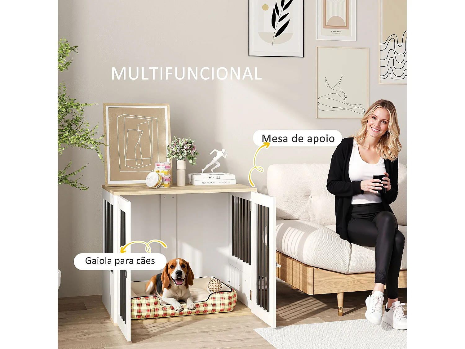 PawHut Gaiola para Cães Médios com Mesa Auxiliar e Comedouro Giratório 2 Tigelas Antiderrapantes 80x55x71,5 cm Branco