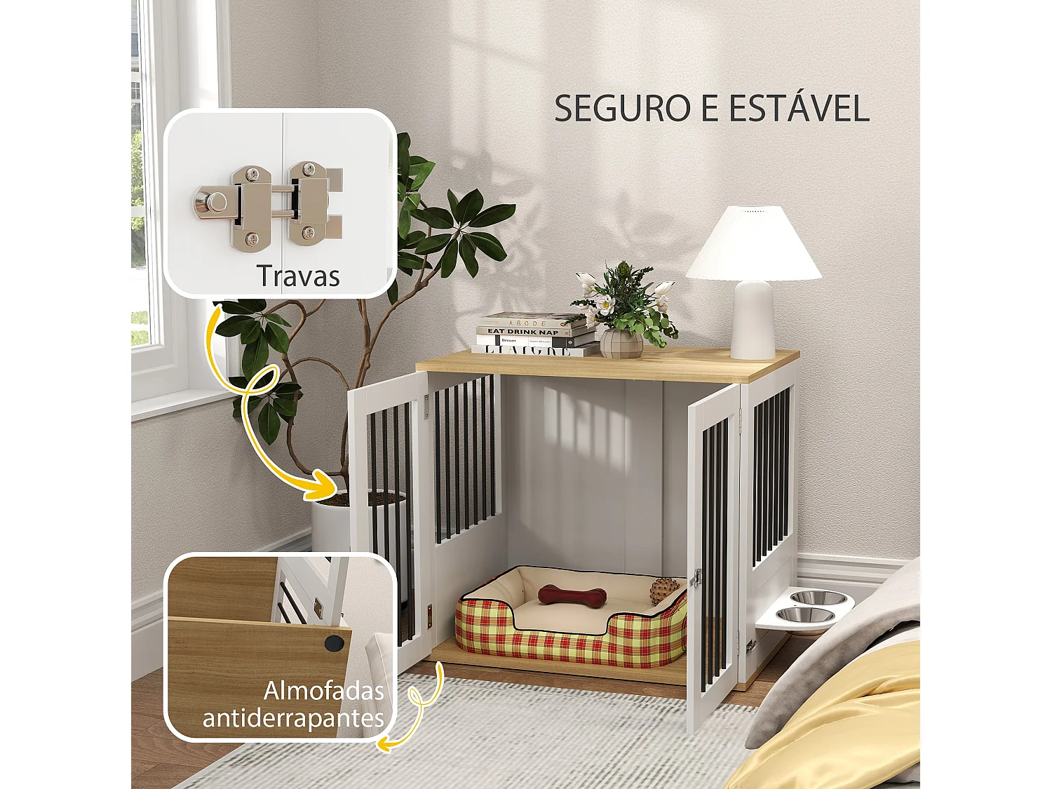 PawHut Gaiola para Cães Médios com Mesa Auxiliar e Comedouro Giratório 2 Tigelas Antiderrapantes 80x55x71,5 cm Branco