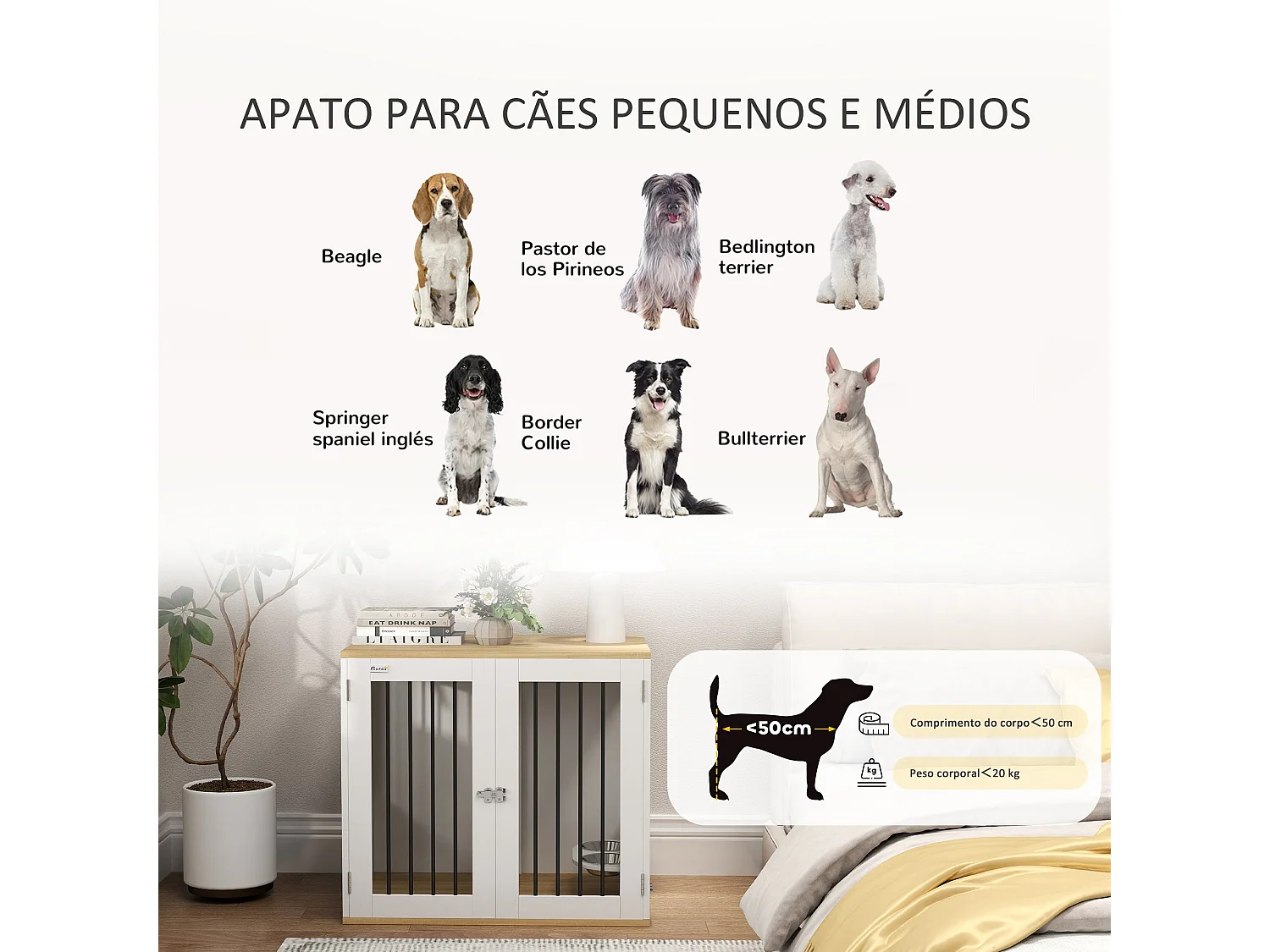 PawHut Gaiola para Cães Médios com Mesa Auxiliar e Comedouro Giratório 2 Tigelas Antiderrapantes 80x55x71,5 cm Branco