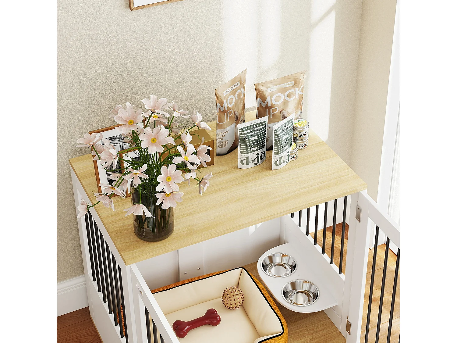 PawHut Gaiola para Cães Médios com Mesa Auxiliar e Comedouro Giratório 2 Tigelas Antiderrapantes 80x55x71,5 cm Branco