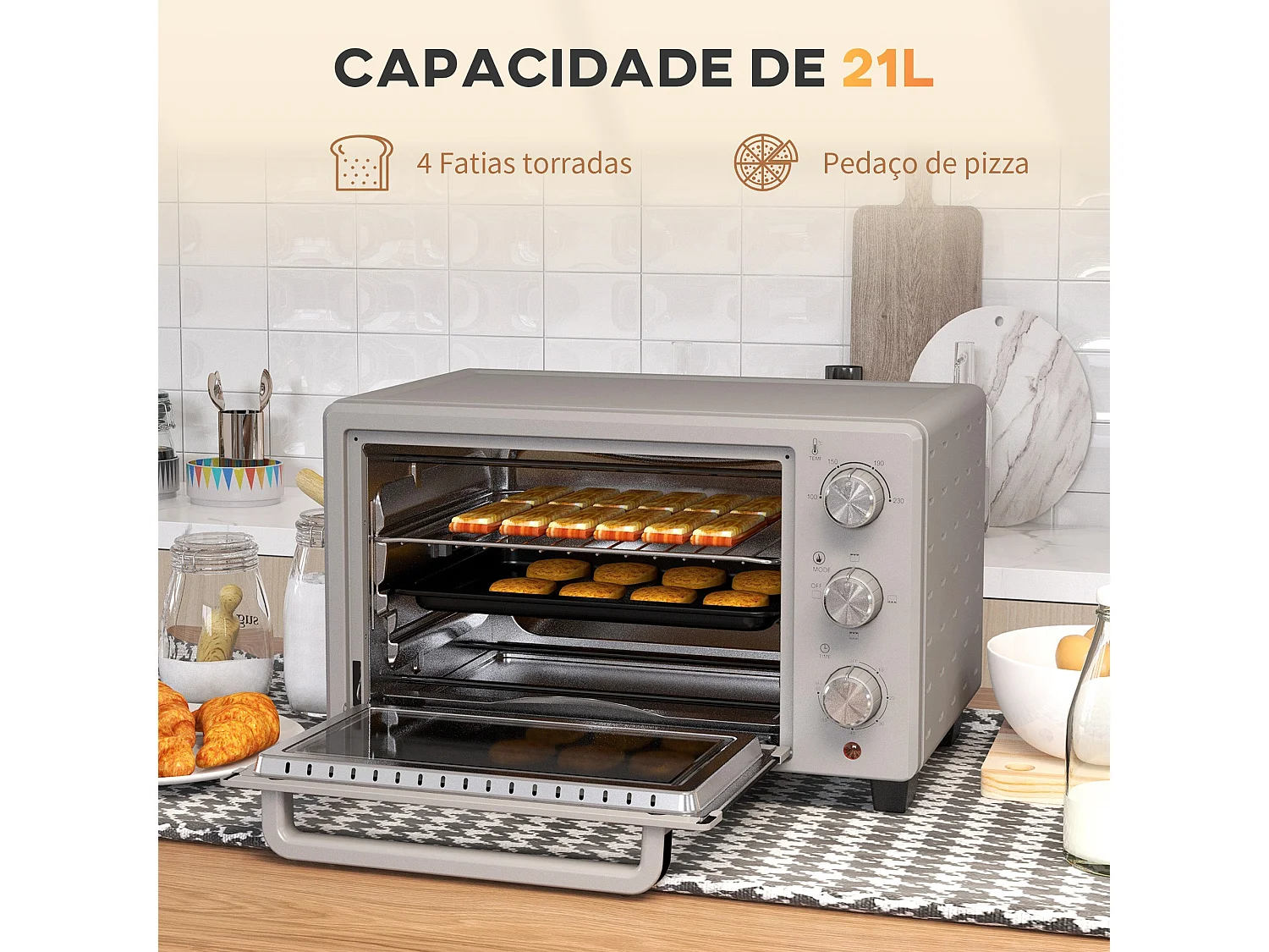 Horno de sobremesa Alec Homcom 1400W 21L 3 modos + temporizador gris 46 cm
