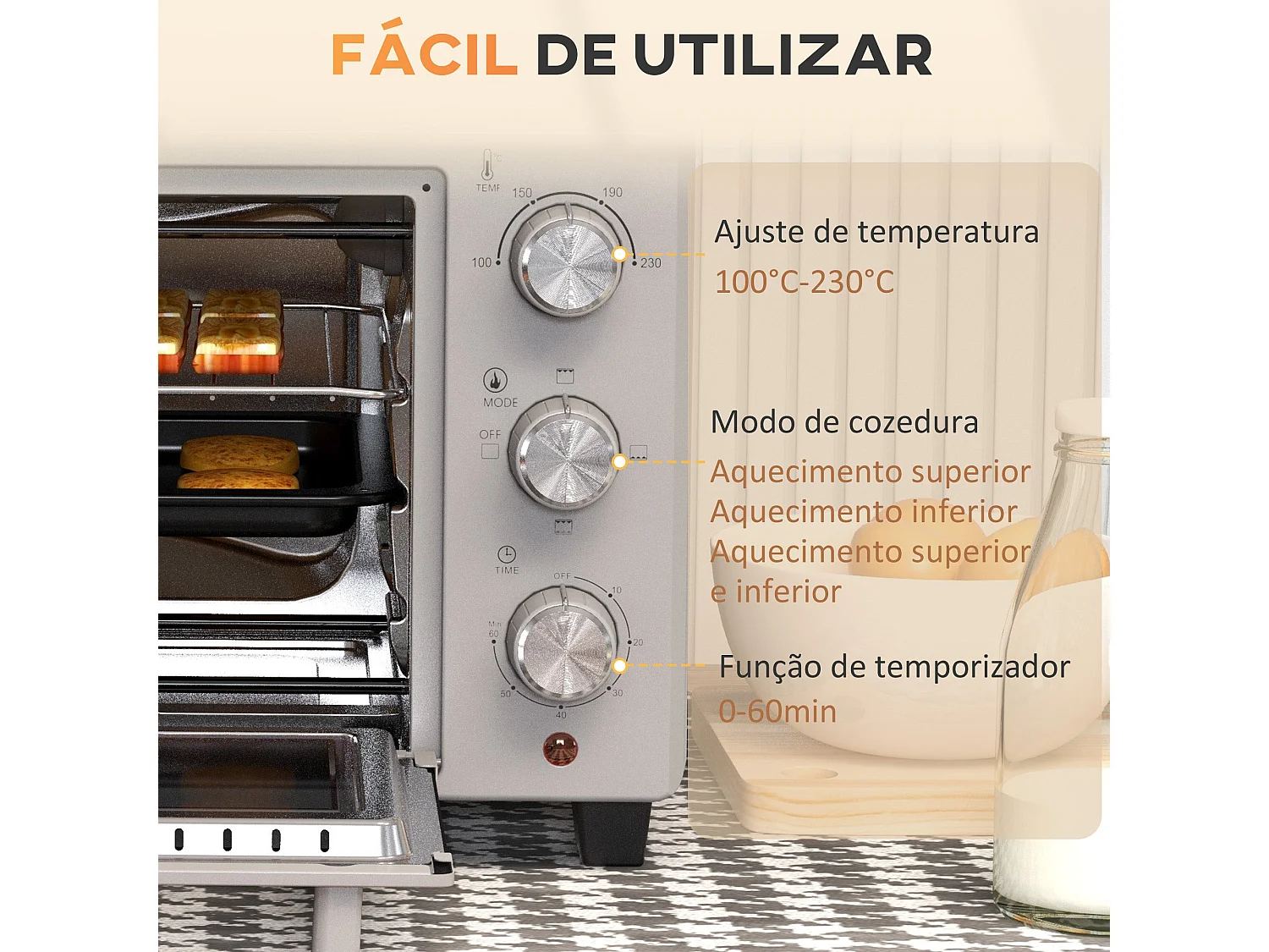 Horno de sobremesa Alec Homcom 1400W 21L 3 modos + temporizador gris 46 cm
