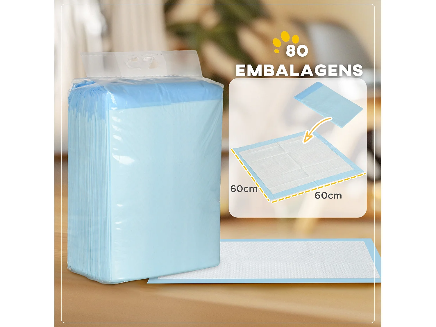 PawHut Resguardos de Treino para Animais de Estimação - 80 Unidades Absorventes 45x60 cm com 6 Camadas e Superfície Secagem Rápida Azul