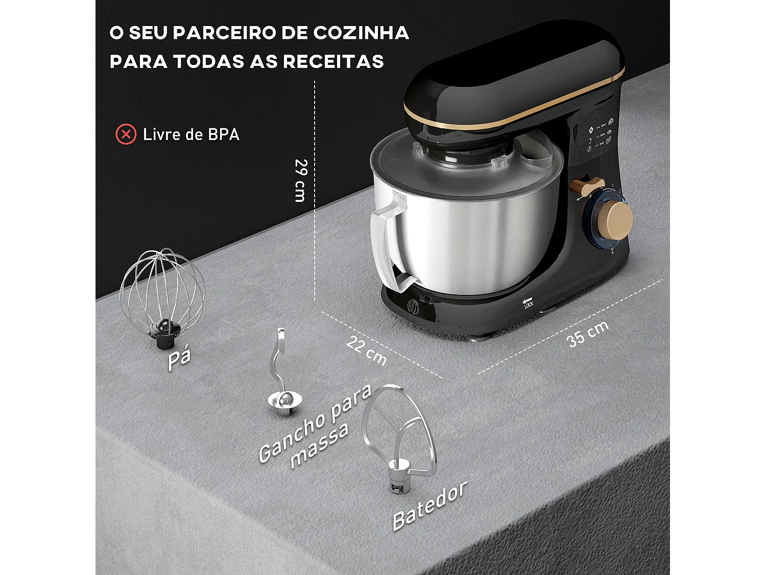 Amasadora Homcom 1300W 6 velocidades 4,5L acero inox negro