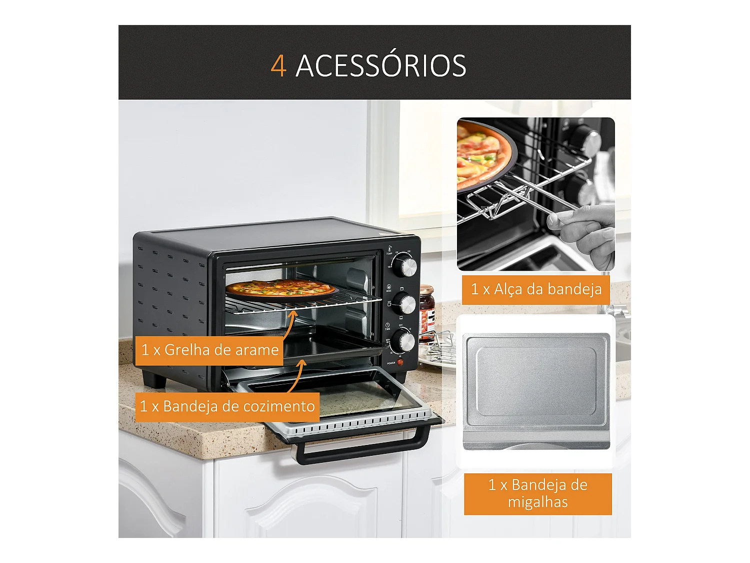 Horno de sobremesa Alec Homcom 1400W 21L 3 modos + temporizador negro 46 cm