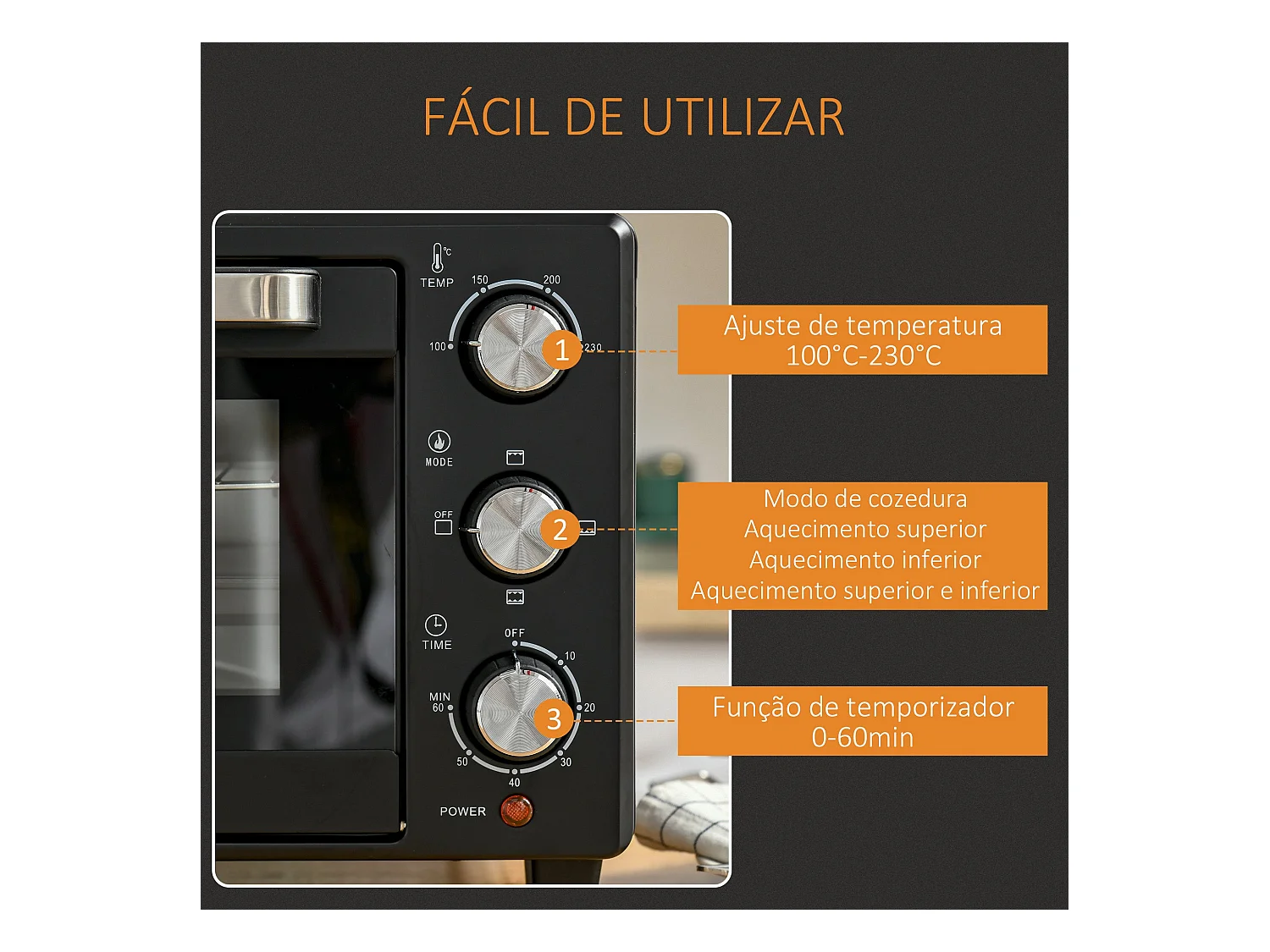 Horno de sobremesa Alec Homcom 1400W 21L 3 modos + temporizador negro 46 cm