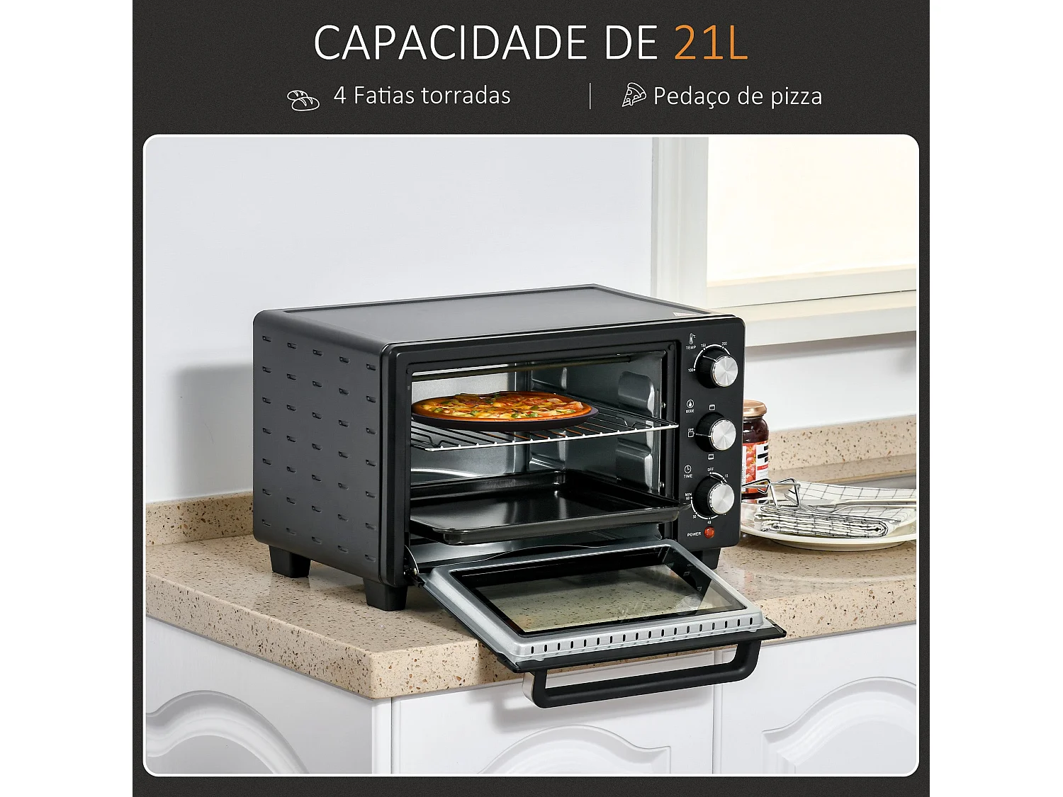 Horno de sobremesa Alec Homcom 1400W 21L 3 modos + temporizador negro 46 cm