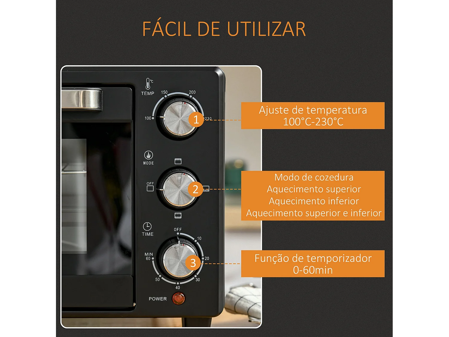 Horno de sobremesa Alec Homcom 1400W 21L 3 modos + temporizador negro 46 cm