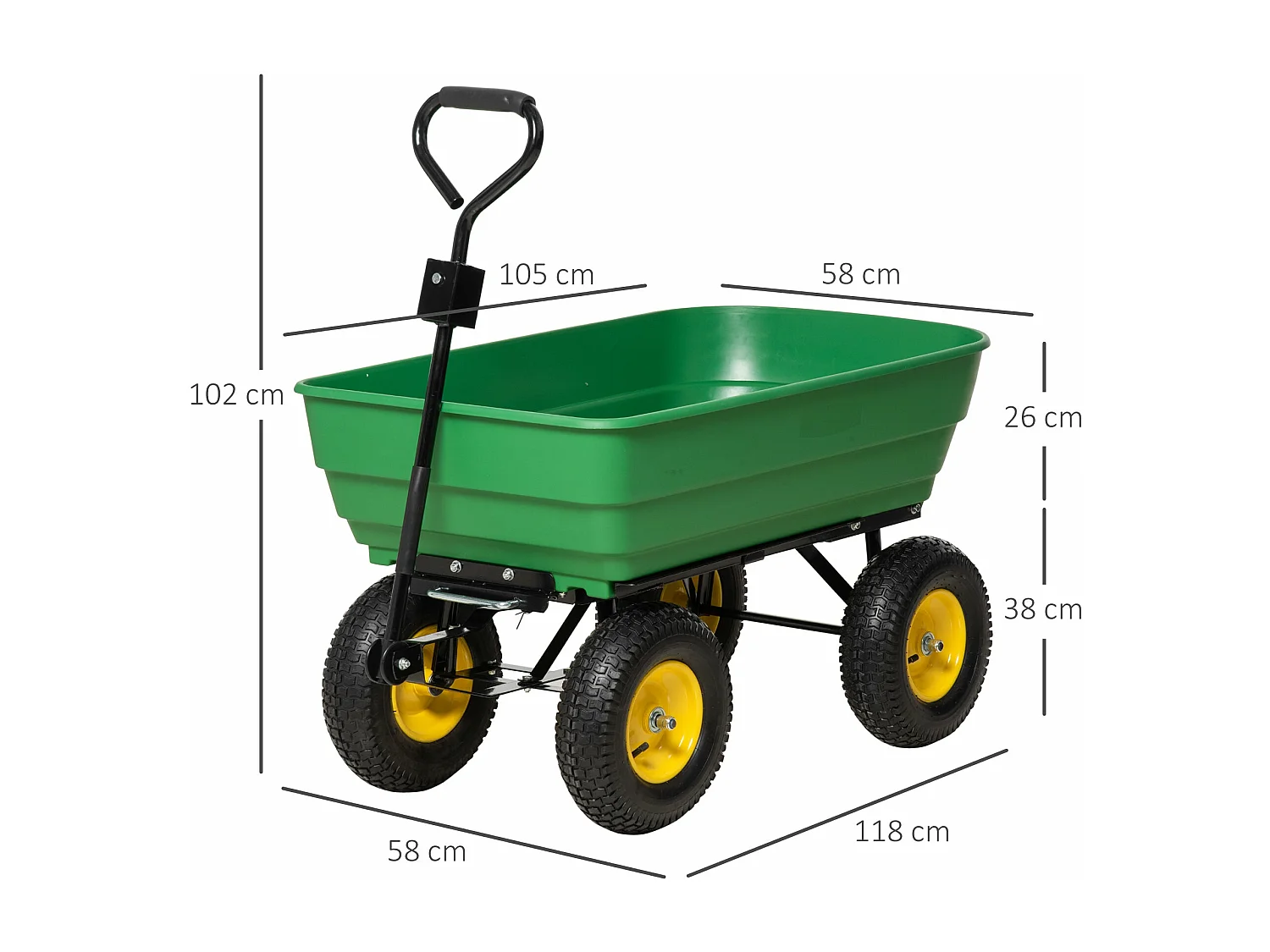 Carrinho de Jardim Inclinável 125L com Guiador Ajustável e Pneus Duráveis - Ideal para Jardinagem e Transporte de Cargas Pesadas