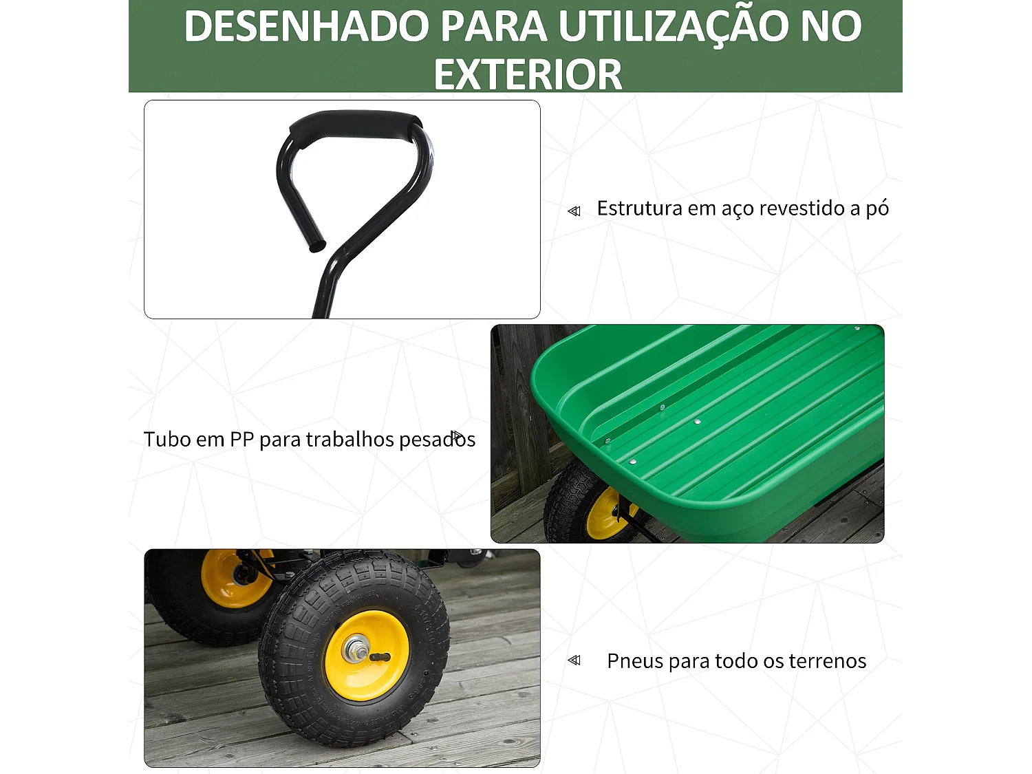 Carrinho de Jardim Inclinável 125L com Guiador Ajustável e Pneus Duráveis - Ideal para Jardinagem e Transporte de Cargas Pesadas