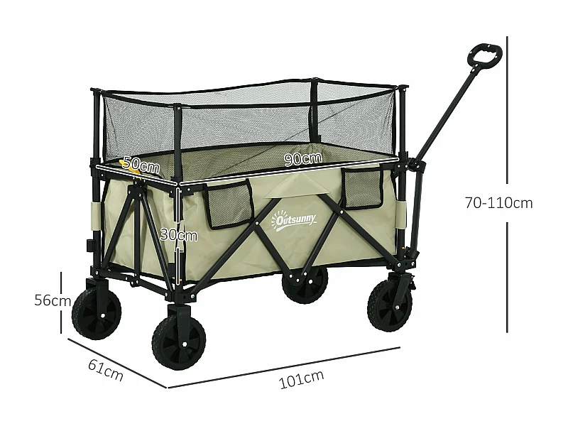 Carrinho de Transporte Dobrável 180L para Jardim e Praia com Paredes Extensíveis e Capacidade de Carga de 120kg