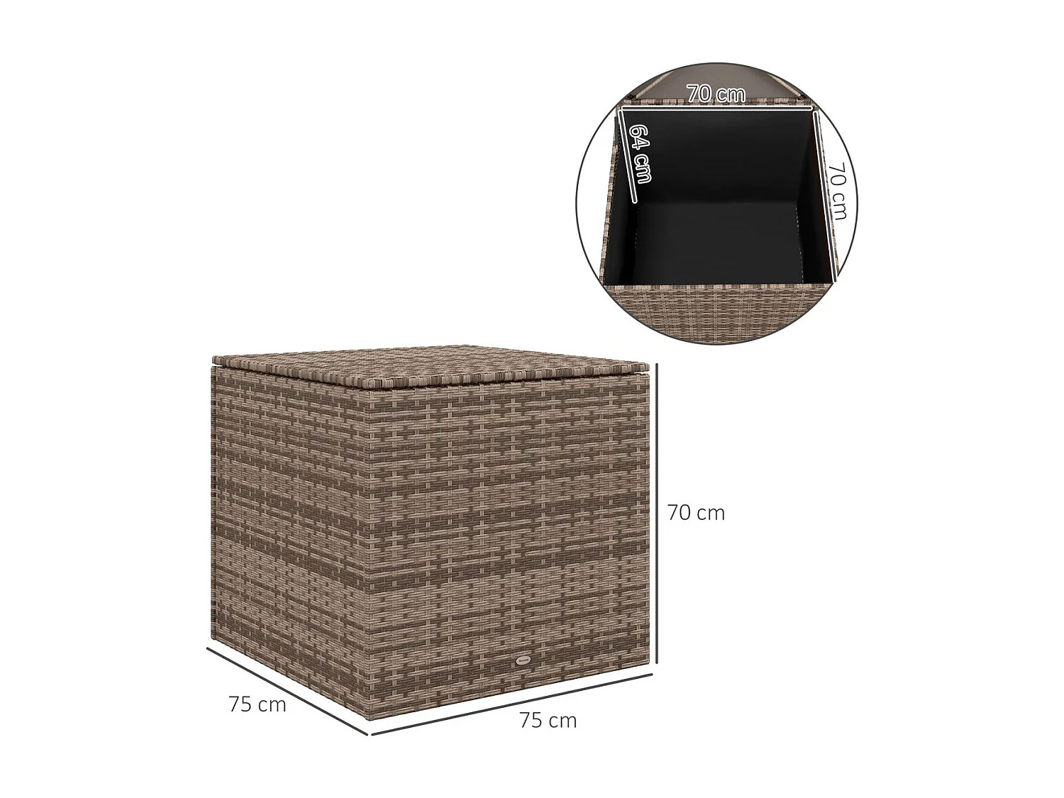 Baú de Armazenamento de Vime Sintético 75x75x70 cm para Exterior com Estrutura de Aço e Haste Hidráulica