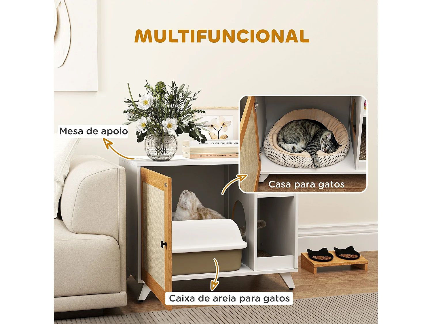 Móvel Multifuncional PawHut: Caixa de Areia para Gatos e Mesa Lateral Elegante