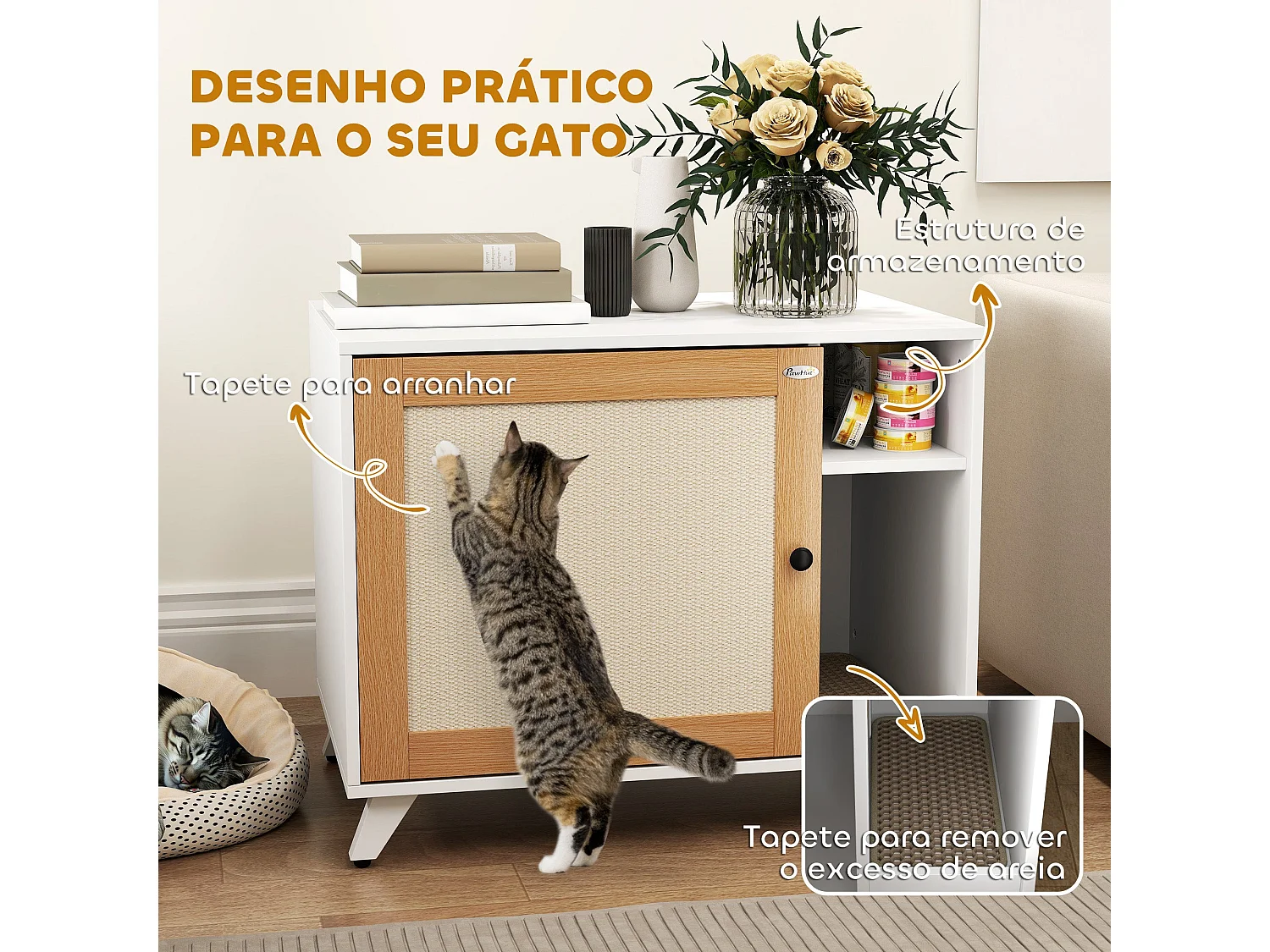 Móvel Multifuncional PawHut: Caixa de Areia para Gatos e Mesa Lateral Elegante