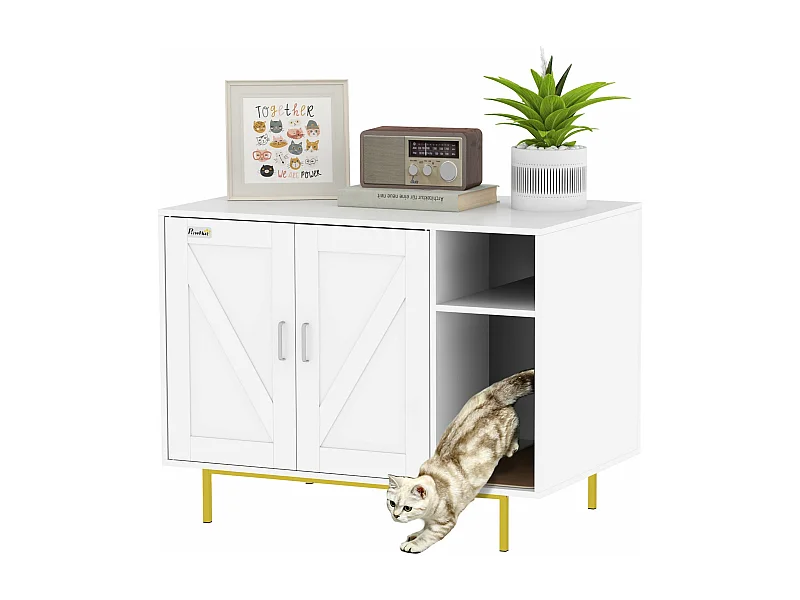 PawHut Móvel Caixa de Areia para Gatos com Mesa de Apoio e Compartimento de Arrumação - Branco 80x50x61 cm