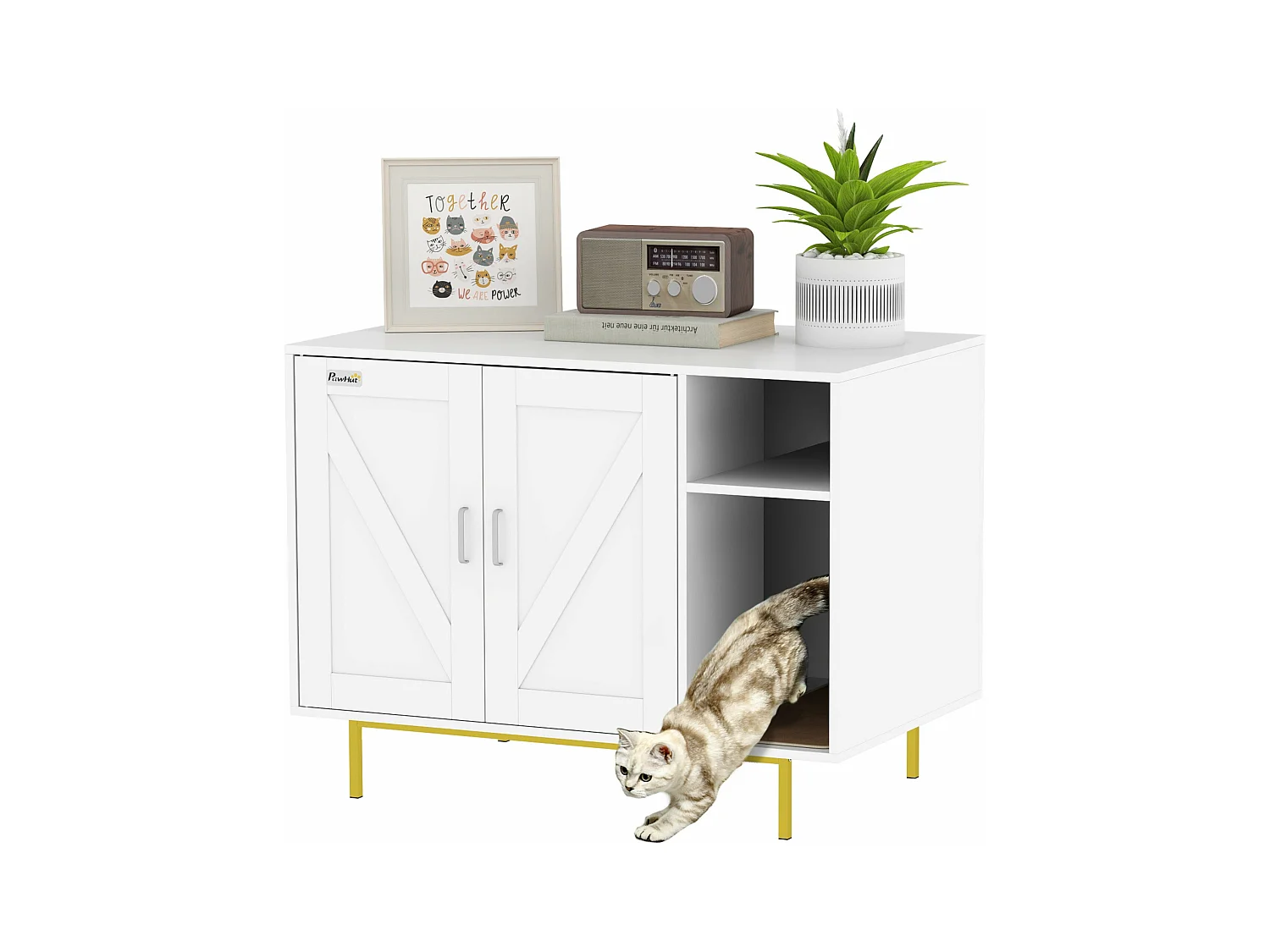 PawHut Móvel Caixa de Areia para Gatos com Mesa de Apoio e Compartimento de Arrumação - Branco 80x50x61 cm