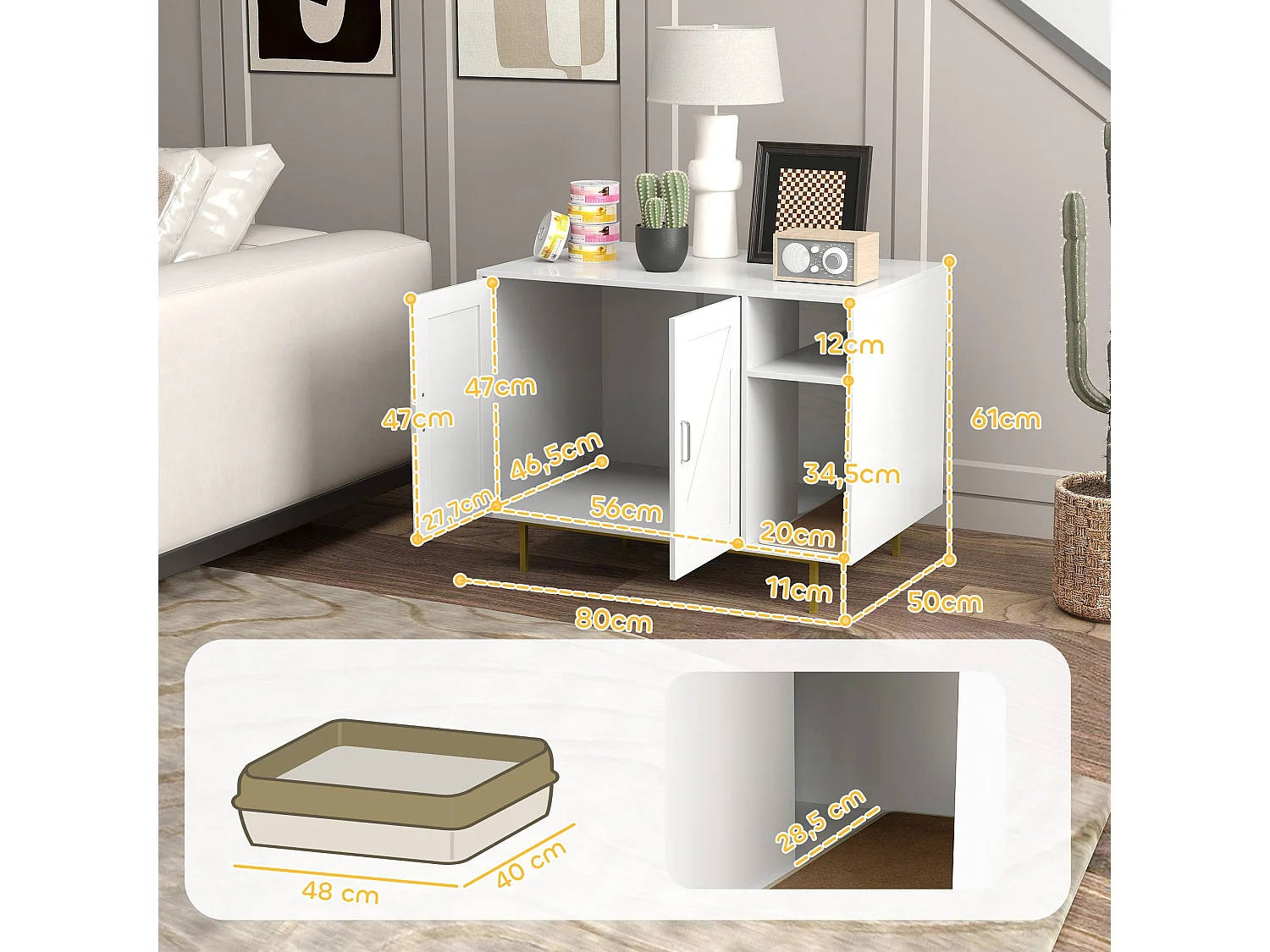 PawHut Móvel Caixa de Areia para Gatos com Mesa de Apoio e Compartimento de Arrumação - Branco 80x50x61 cm