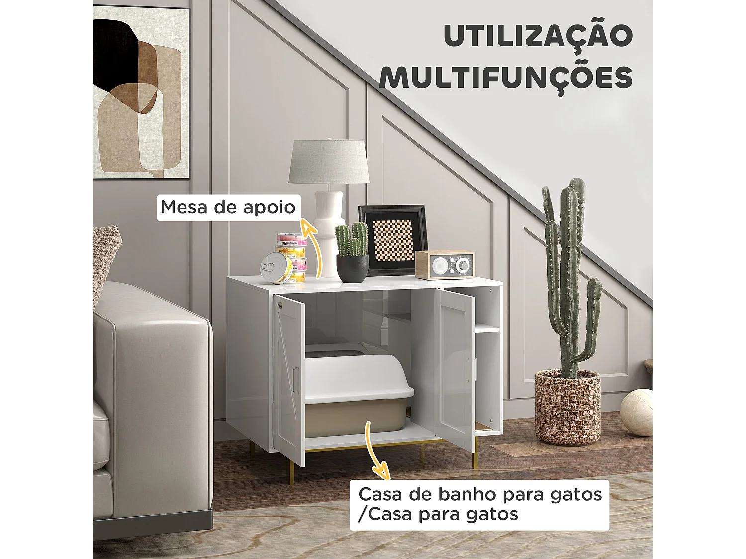 PawHut Móvel Caixa de Areia para Gatos com Mesa de Apoio e Compartimento de Arrumação - Branco 80x50x61 cm