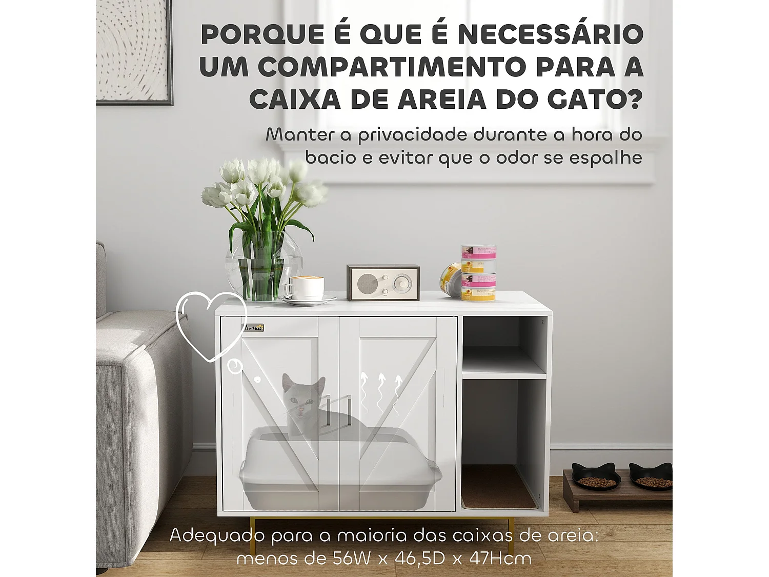 PawHut Móvel Caixa de Areia para Gatos com Mesa de Apoio e Compartimento de Arrumação - Branco 80x50x61 cm