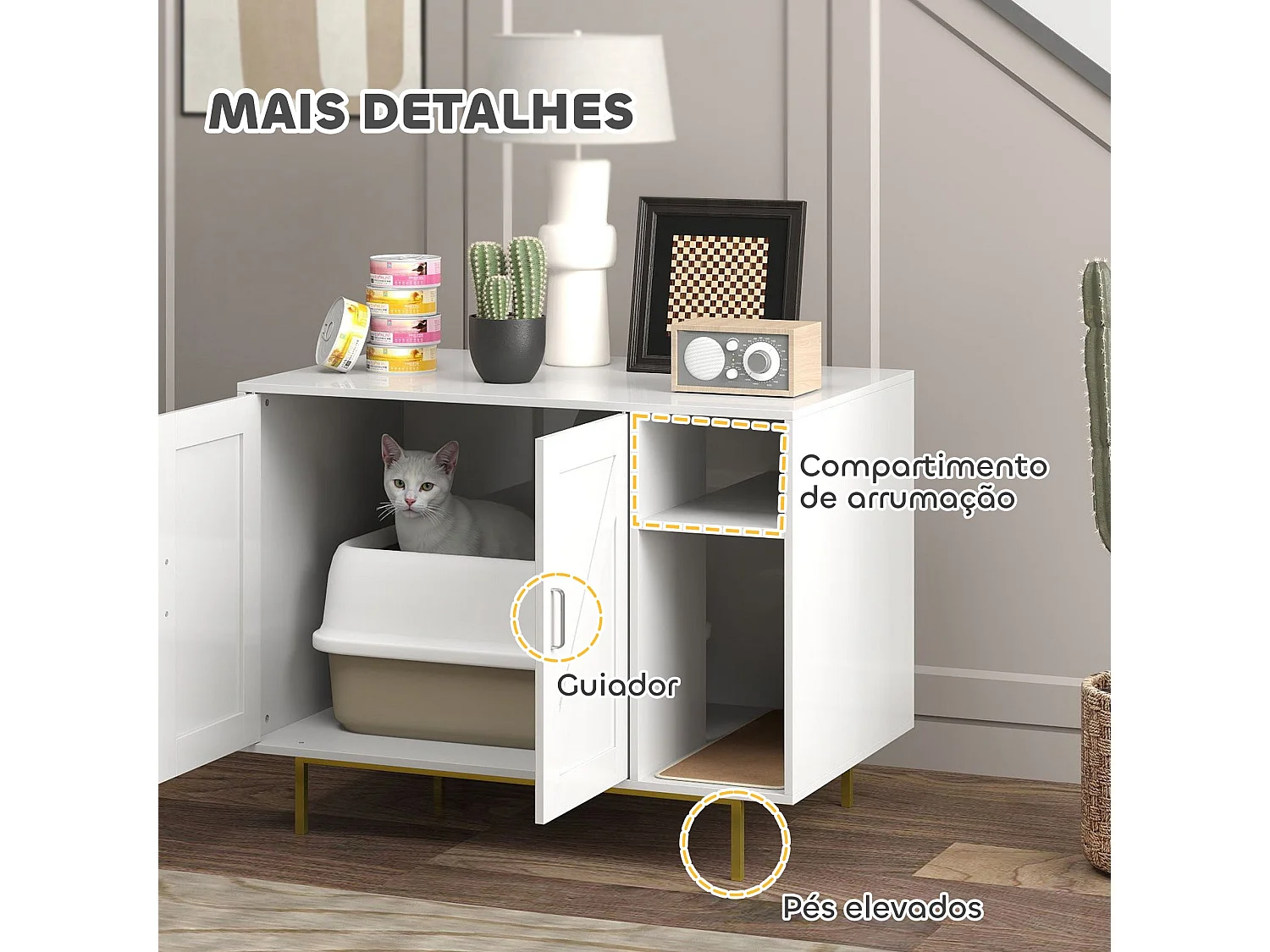 PawHut Móvel Caixa de Areia para Gatos com Mesa de Apoio e Compartimento de Arrumação - Branco 80x50x61 cm