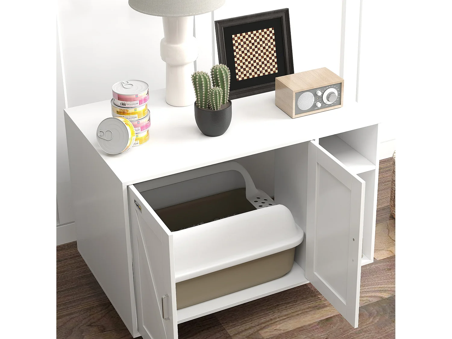 PawHut Móvel Caixa de Areia para Gatos com Mesa de Apoio e Compartimento de Arrumação - Branco 80x50x61 cm