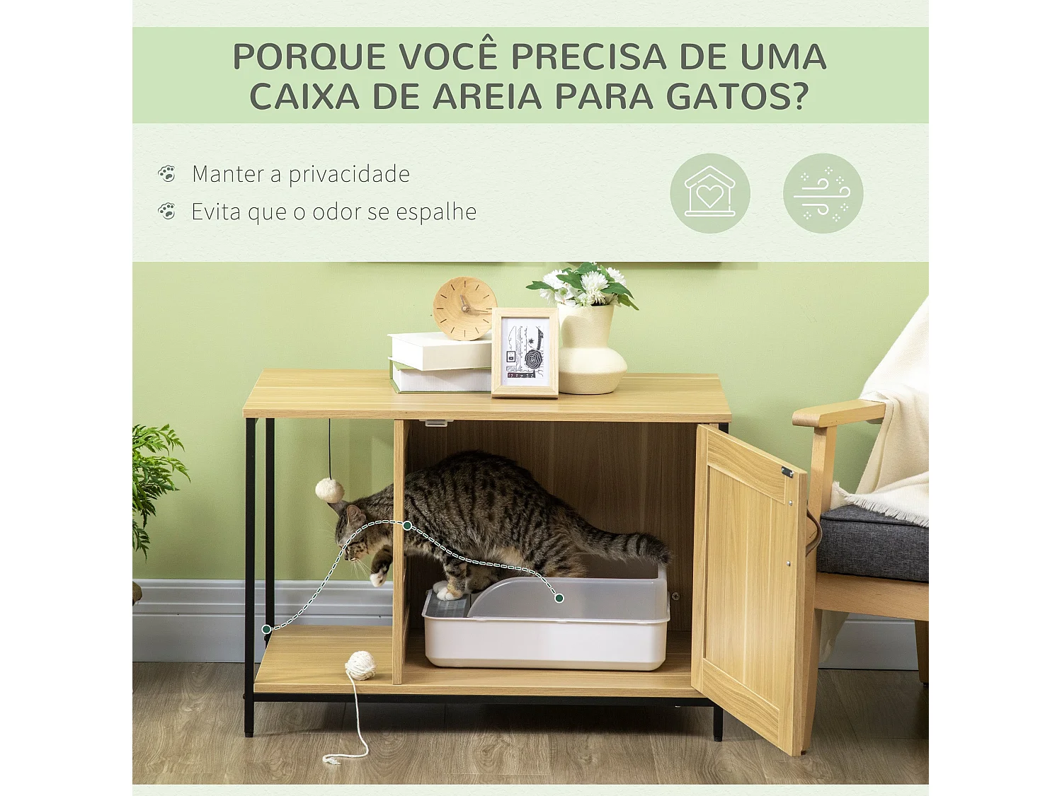 Caixa de Areia para Gatos PawHut: Móvel Multifuncional em Madeira com Brinquedo e Acesso Prático