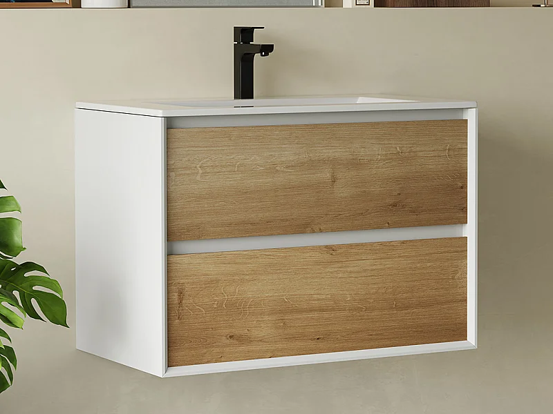 Meuble de salle de bain suspendu avec vasque à encastrer - Coloris naturel clair et blanc - 80 cm - LANNICK