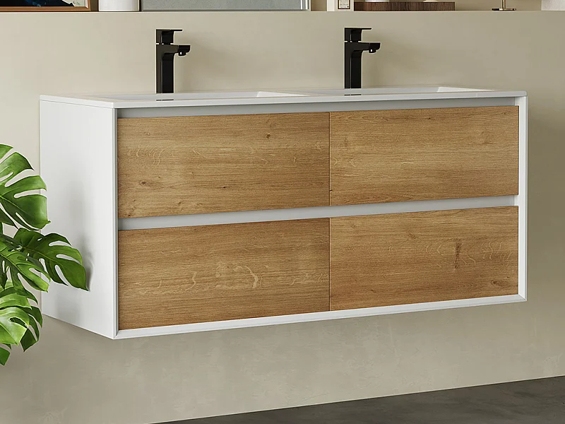 Hangmeubel voor badkamer met inbouwwastafel - Licht naturel en wit - 120 cm - LANNICK