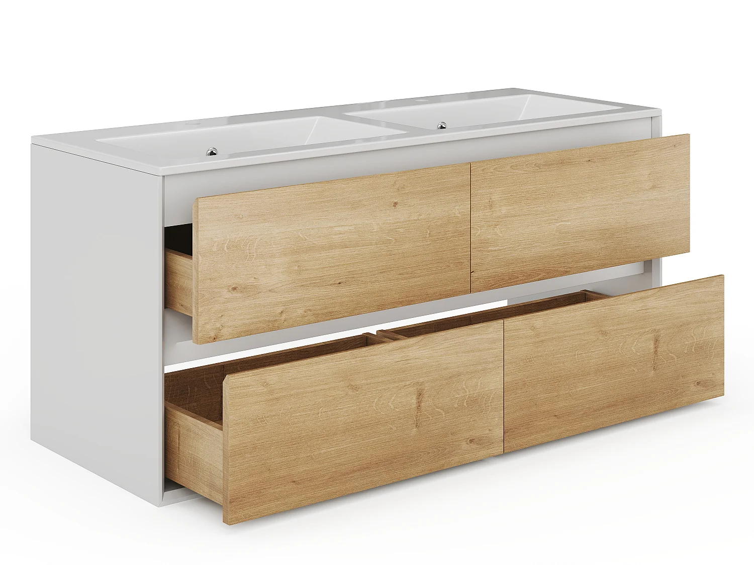 Vegghengt baderomsmøbel med innebygd servant - Lys naturlig og hvit farge - 120 cm - LANNICK