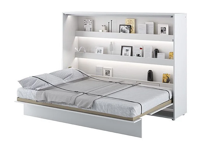 Lit escamotable horizontal avec étagères blanc mat Noby 120x200-Avec Led et 2 veilleuses