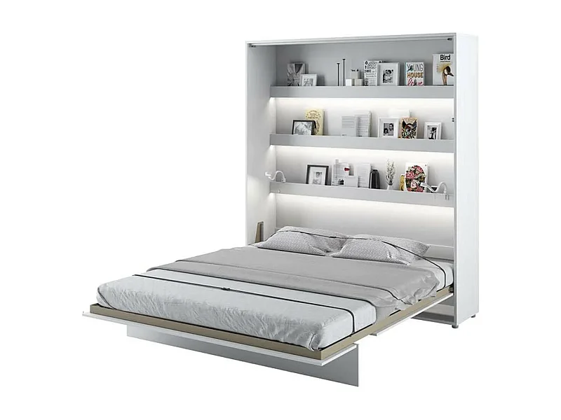 Lit escamotable vertical avec étagères blanc mat Noby 120x200-Avec matelas-Avec Led et 2 veilleuses