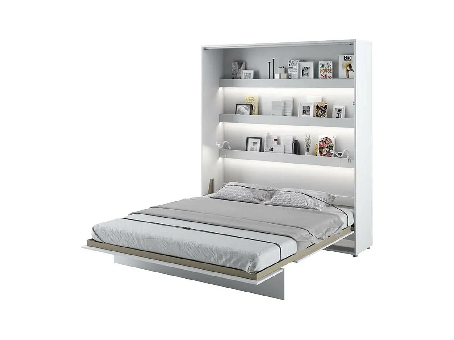 Lit escamotable vertical avec étagères blanc mat Noby 120x200-Avec matelas-Avec Led et 2 veilleuses
