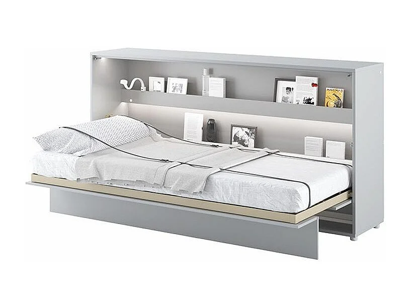 Lit escamotable horizontal avec étagères gris mat Noby 90x200-Avec matelas-Avec Led sans veilleuses